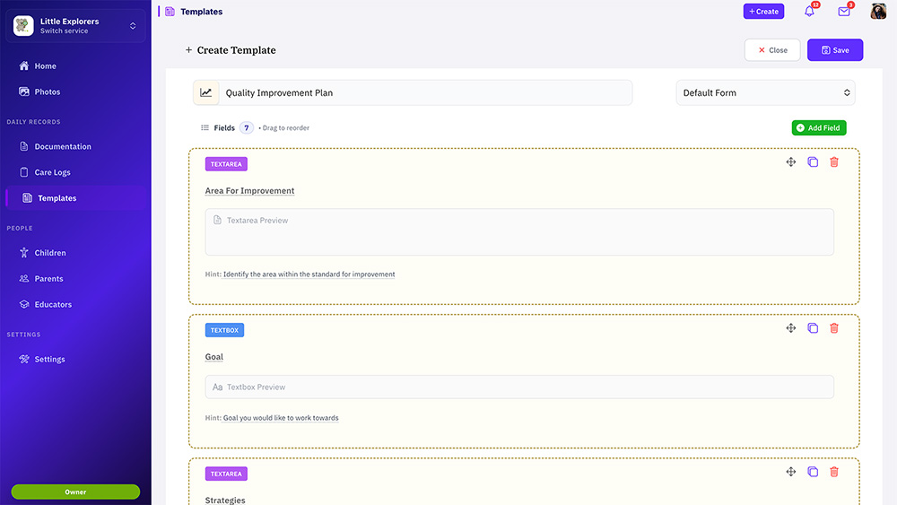 Template builder and custom fields