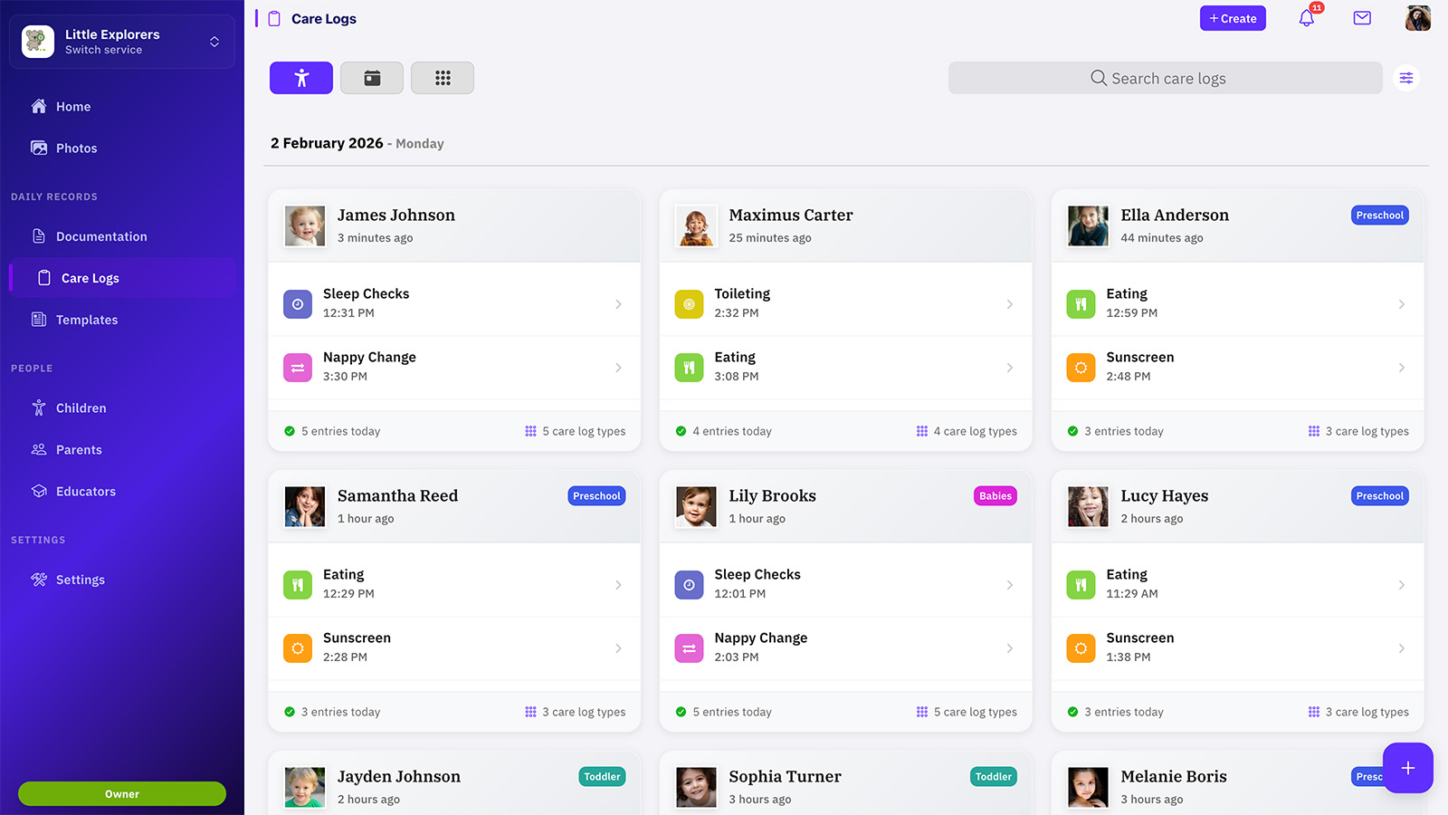 Daily care logs preview