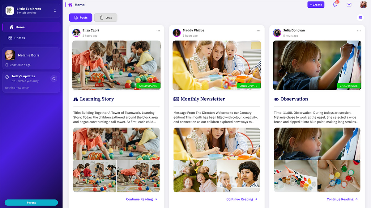 Parent app preview on tablet